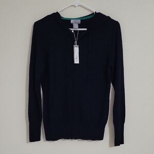 JC Penny Cashmere Blend Dark Blue Zip Up Hooded Sweater